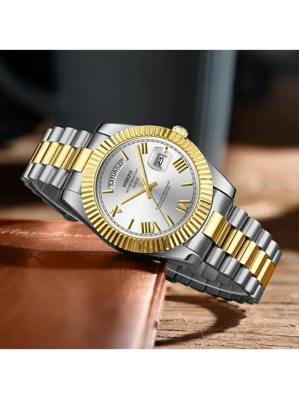 Nibosi Men's Silver Gold Analog Quartz Stainless Waterproof Desiger Wrist Watch